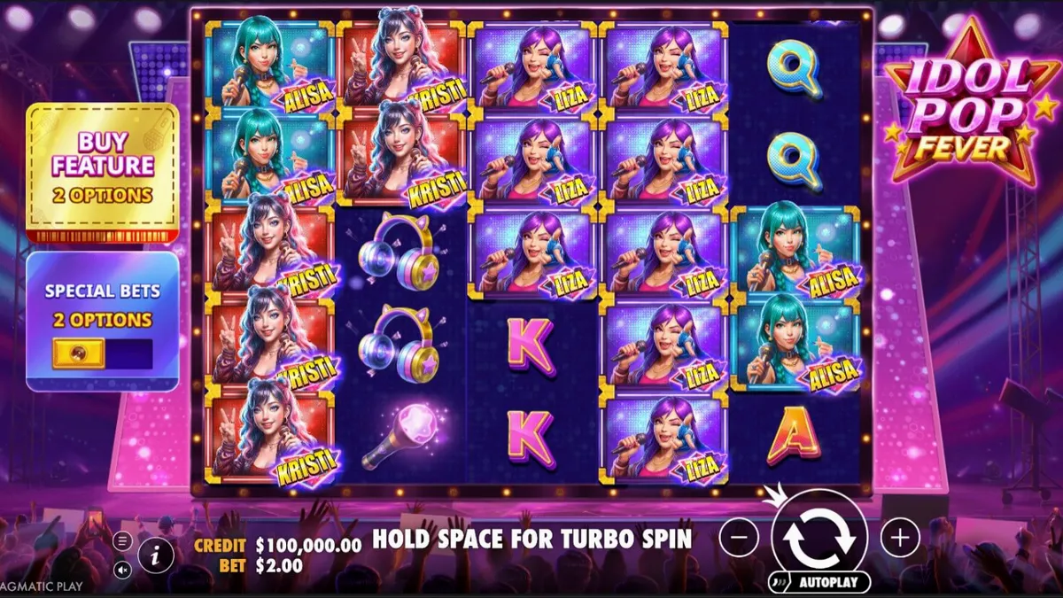 Interface vibrante e colorida do slot Idol Pop Fever com elementos de palco e luzes neon.