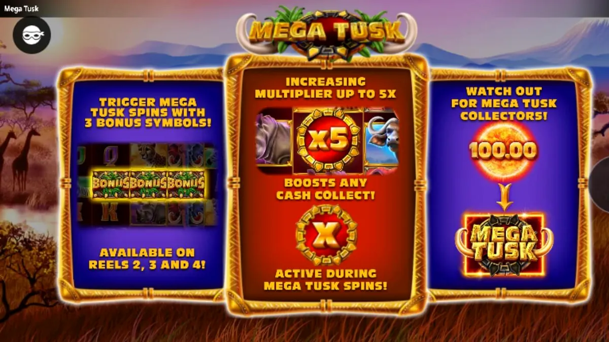 Captura de tela do jogo de slot Mega Tusk, mostrando elefantes majestosos na savana africana ao pôr do sol, com os rolos exibindo símbolos de animais e moedas.